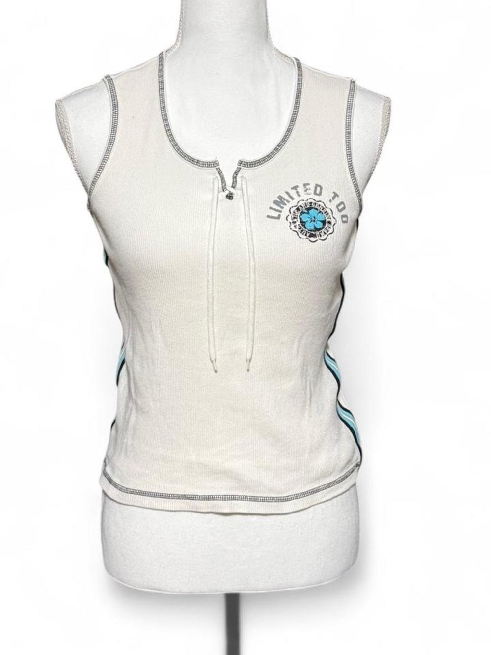 Limited Too Y2K Ribbed Tank Top Lace Up Cream Stripe Side XS/S Coastal